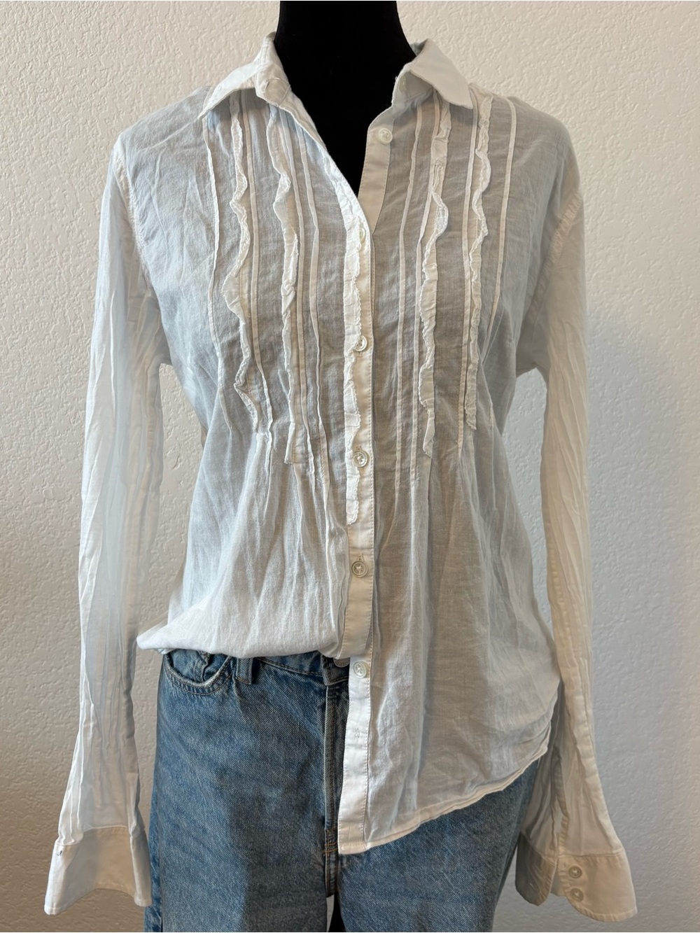 American Eagle White Ruffle-Trim Button-Up Shirt